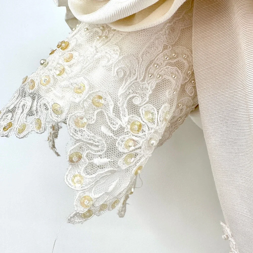 Vintage 80s Ivory Wedding Bridal Suit Set M Rosette Shoulder Lace Beaded‎
